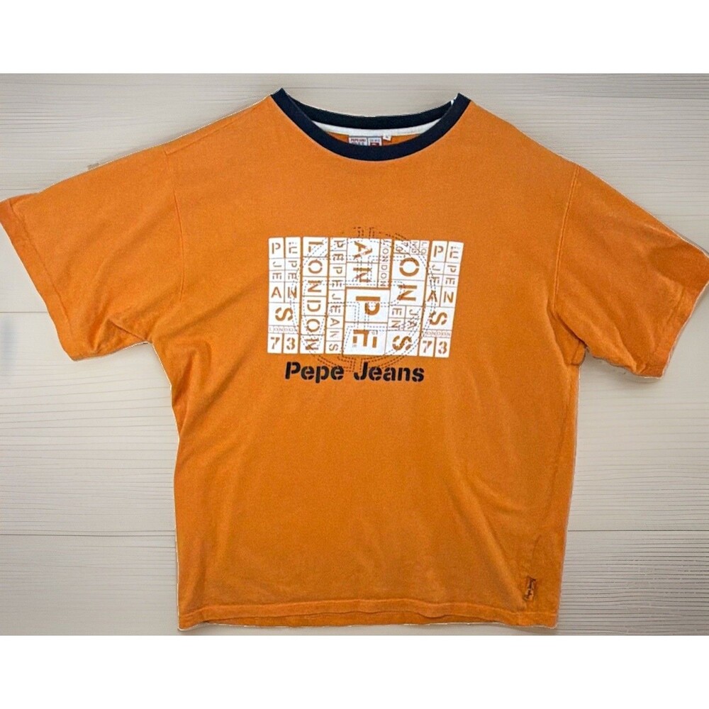 Pepe Jeans London T-Shirt Mens XL Orange Graphic Logo Heavyweight Crew Neck